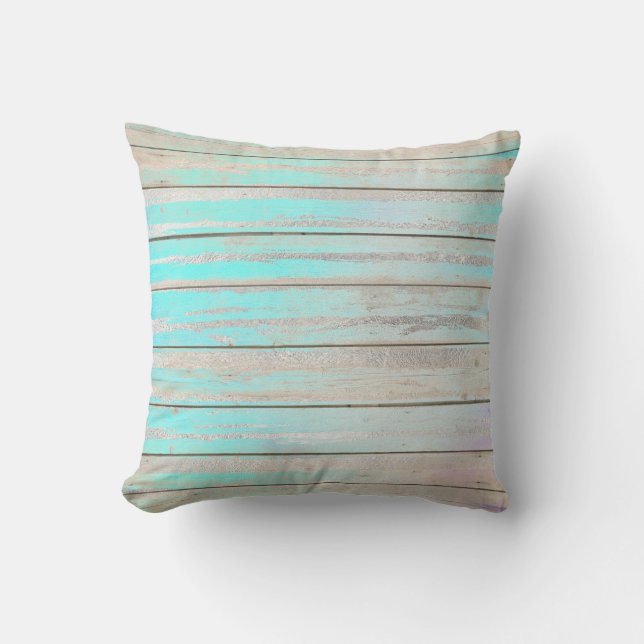 Tiffany Aqua Beach Zuhause Blue Wood Gray Silver Kissen (Vorderseite)