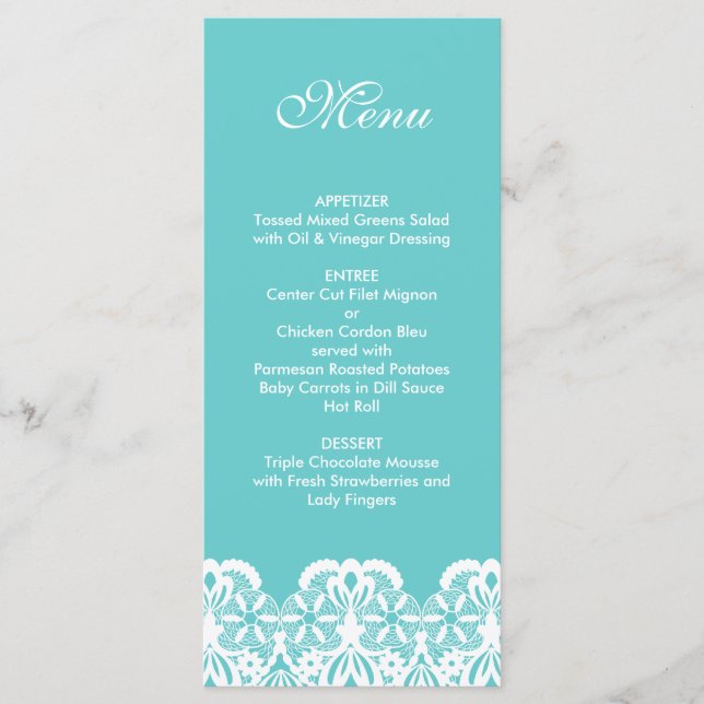 Tiffany Aquamarin Lace Wedding Menu Menükarte (Vorderseite)