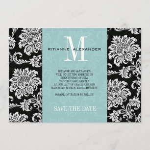 Tiffany Black Monogram Damask Terminankündigung Einladung