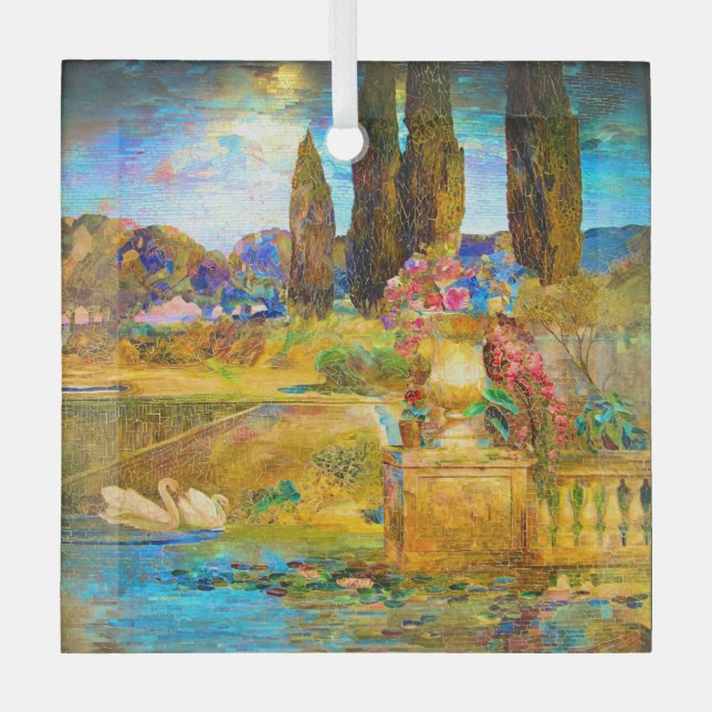 Tiffany-Glasfenster-Swans Ornament Aus Glas (Vorderseite)