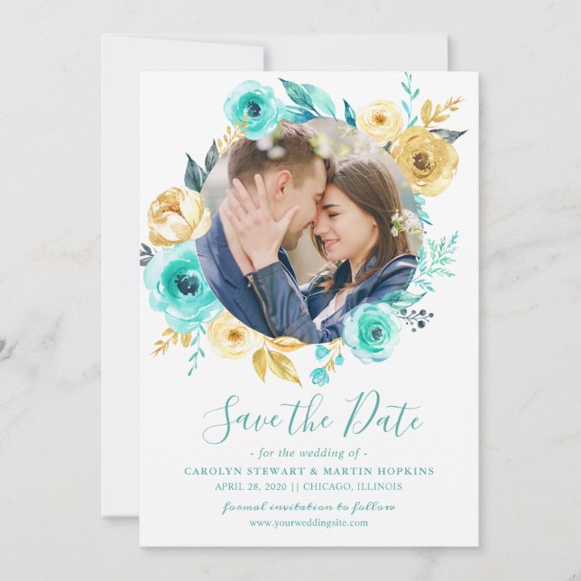 Tiffany Gold Floral Wreath Foto Save the Date (Vorderseite)