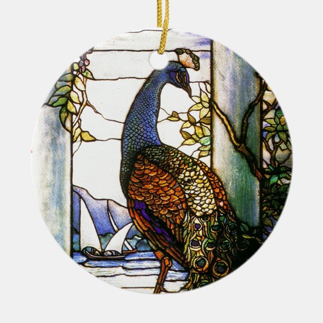 Tiffany-Kunst Nouveau Buntglas-Pfau-Verzierung Keramikornament (Vorne)
