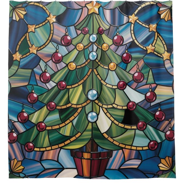 Tiffany-Stil-Buntglas-Weihnachtsbaum Duschvorhang (Vorderseite)