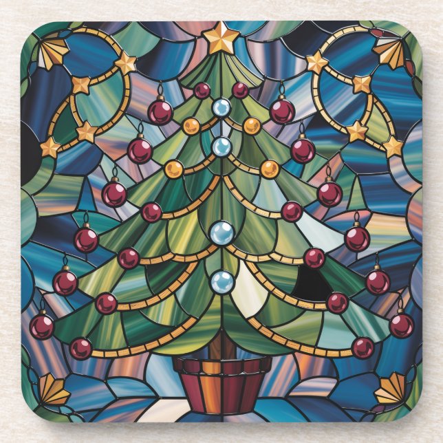 Tiffany-Stil-Buntglas-Weihnachtsbaum Getränkeuntersetzer (Vorderseite)
