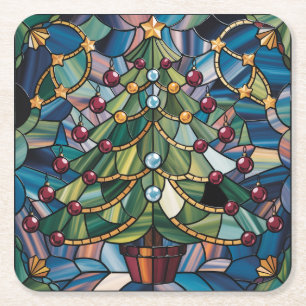 Tiffany-Stil-Buntglas-Weihnachtsbaum Rechteckiger Pappuntersetzer