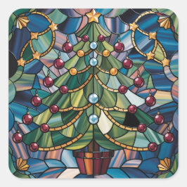 Tiffany-Style Stained Glass Christmas Tree Quadratischer Aufkleber