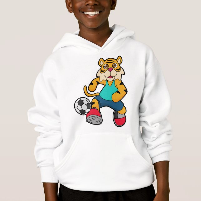 Tiger als Fußballspieler mit Fußball Hoodie (Vorderseite)