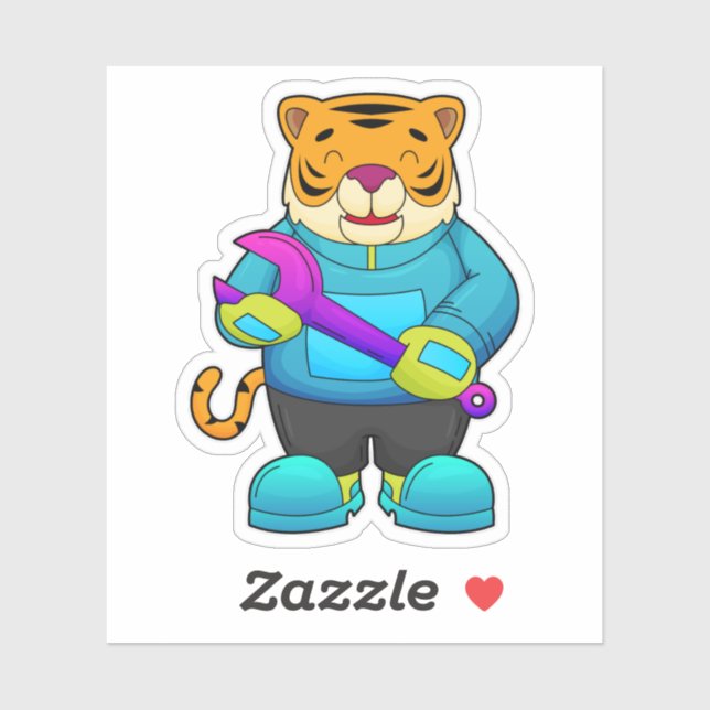 Tiger als Mechaniker mit Schlüssel Aufkleber (Blatt)