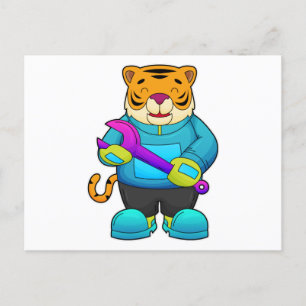 Tiger als Mechaniker mit Schlüssel Postkarte