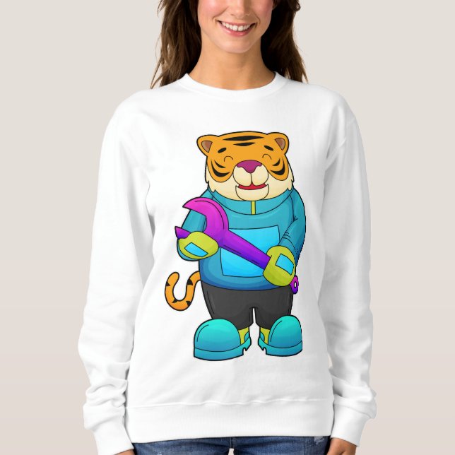 Tiger als Mechaniker mit Schlüssel Sweatshirt (Vorderseite)