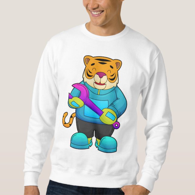 Tiger als Mechaniker mit Schlüssel Sweatshirt (Vorderseite)