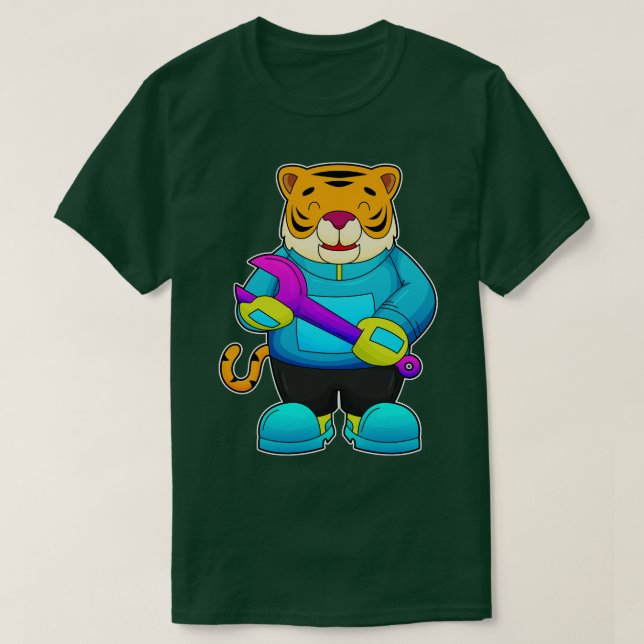 Tiger als Mechaniker mit Schlüssel T-Shirt (Design vorne)