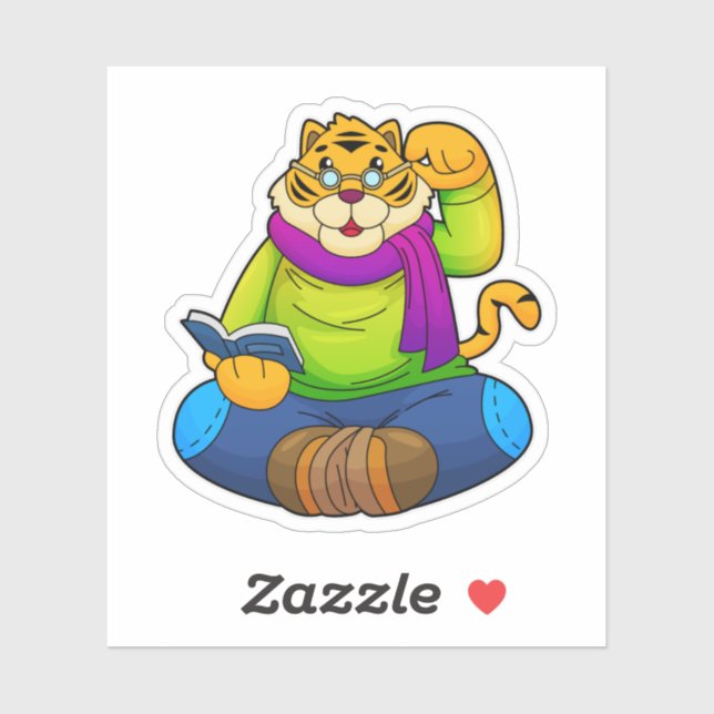 Tiger als Nerd mit Buch Aufkleber (Blatt)