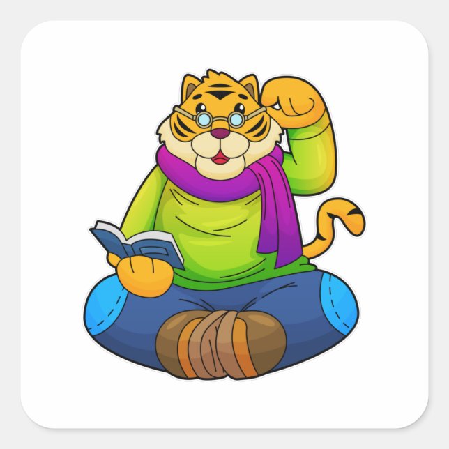 Tiger als Nerd mit Buch Quadratischer Aufkleber (Vorderseite)
