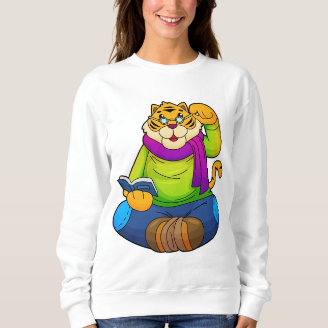 Tiger als Nerd mit Buch Sweatshirt (Vorderseite)