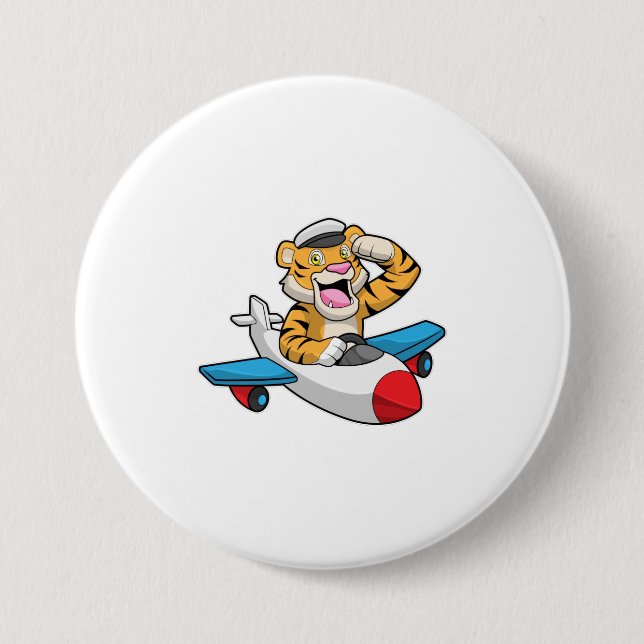 Tiger als Pilot in Flugzeuge Button (Vorderseite)