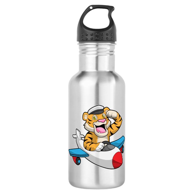 Tiger als Pilot in Flugzeuge Edelstahlflasche (Vorderseite)