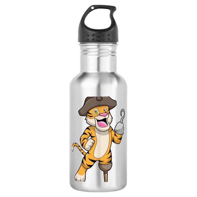Tiger als Pirate mit Holzbein und Hooker Hand Edelstahlflasche (Vorderseite)