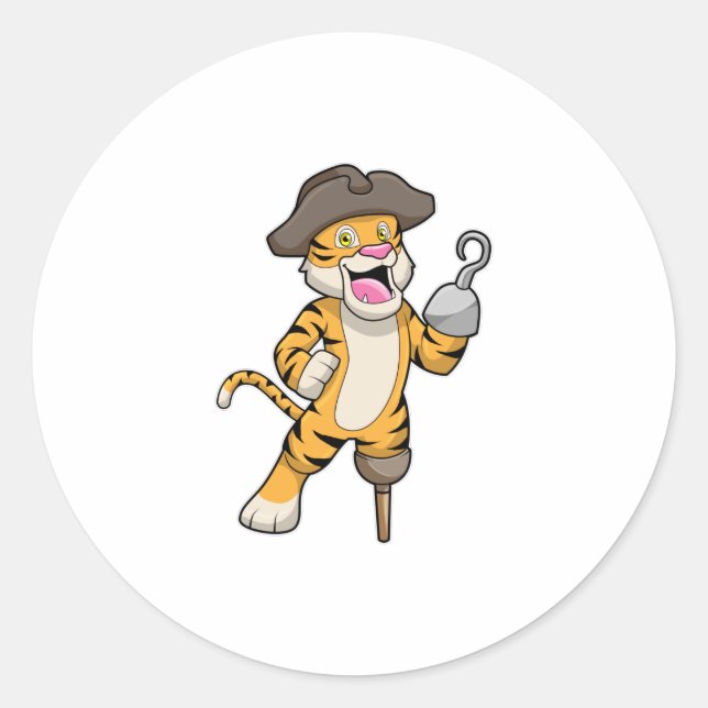 Tiger als Pirate mit Holzbein und Hooker Hand Runder Aufkleber (Vorderseite)