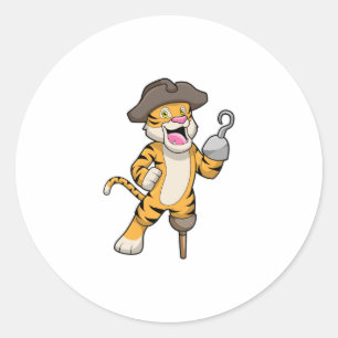 Tiger als Pirate mit Holzbein und Hooker Hand Runder Aufkleber
