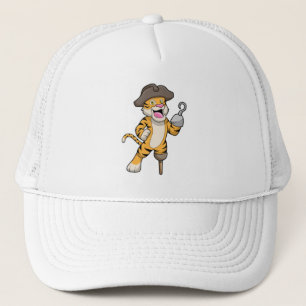 Tiger als Pirate mit Holzbein und Hooker Hand Truckerkappe