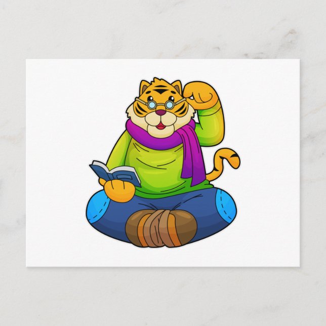 Tiger als Streber mit Buch Postkarte (Vorderseite)