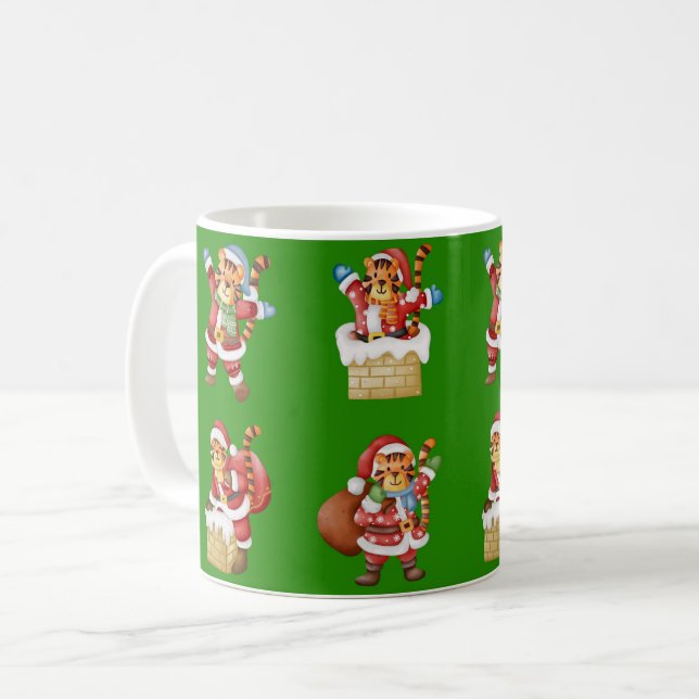 Tiger als Weihnachten Wiederholmuster-Design Kaffeetasse (Vorderseite Links)