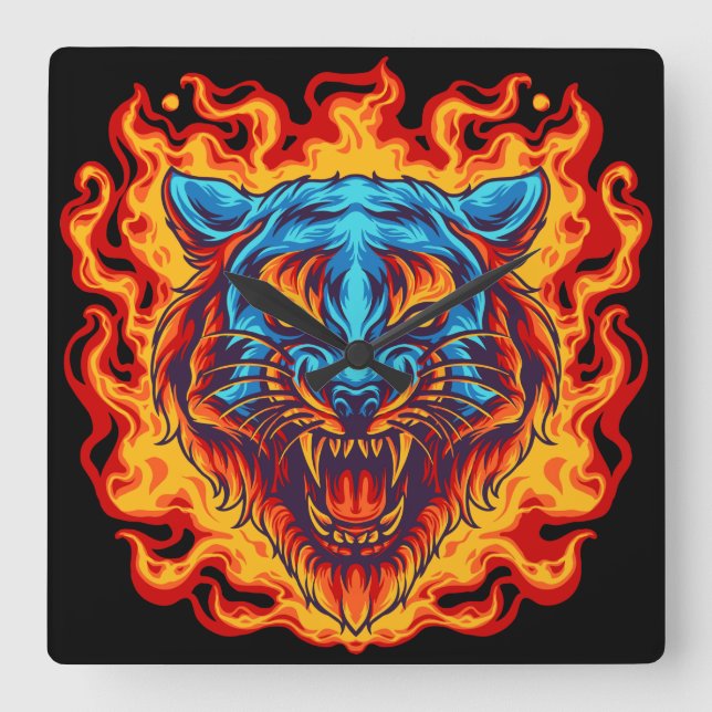 Tiger am Feuer Quadratische Wanduhr (Vorderseite)