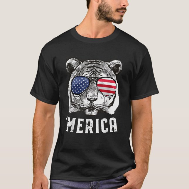 Tiger American Flag 4. Juli Merica Sonnenbrille T-Shirt (Vorderseite)