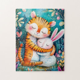 Tiger and Rabbit Embrace on in night time at fores Puzzle