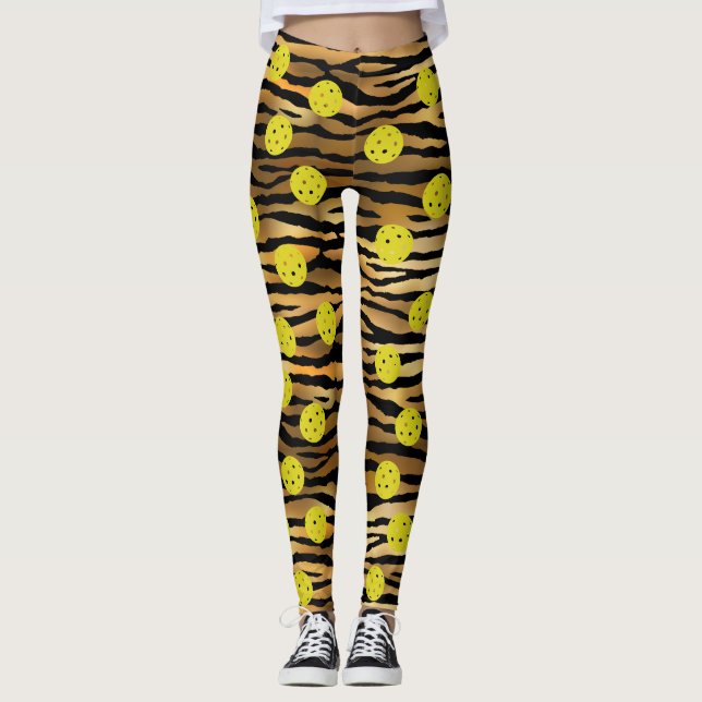 Tiger Animal Print Gold Brown Yellow Pickleball Leggings (Vorderseite)