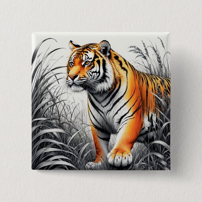 Tiger Art Farbe teilweise Schwarz-weiß Zeichnend Button (Vorderseite)