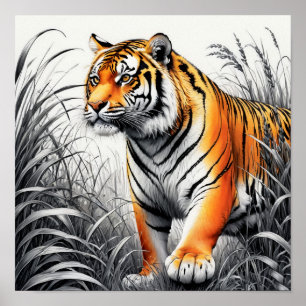 Tiger Art Farbe teilweise Schwarz-weiß Zeichnend Poster