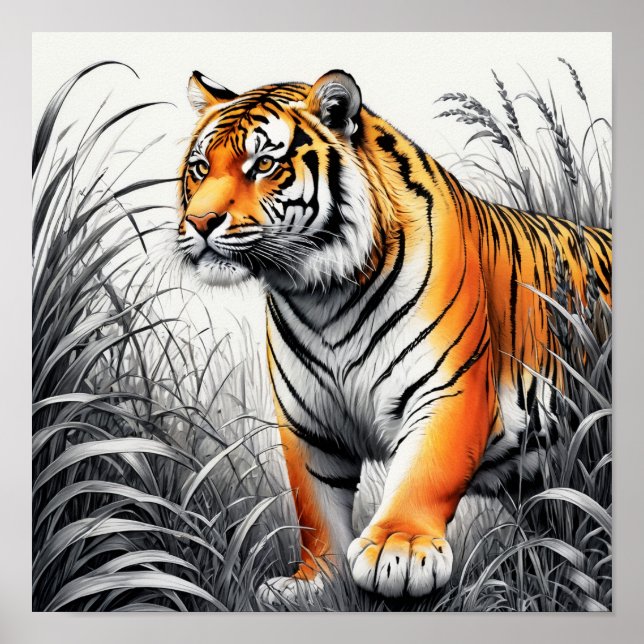 Tiger Art Farbe teilweise Schwarz-weiß Zeichnend Poster (Vorne)