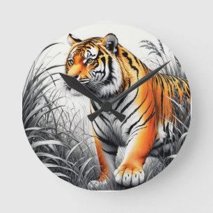 Tiger Art Farbe teilweise Schwarz-weiß Zeichnend Runde Wanduhr