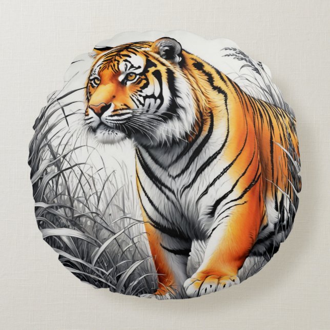 Tiger Art Farbe teilweise Schwarz-weiß Zeichnend Rundes Kissen (Vorderseite)