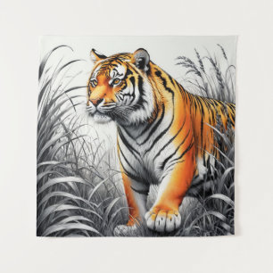 Tiger Art Farbe teilweise Schwarz-weiß Zeichnend Wandteppich