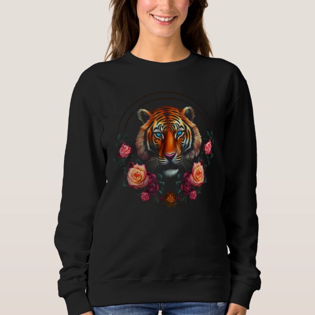 Tiger Artwork Flowers - Blue Eyes - Animal Art Tig Sweatshirt (Vorderseite)