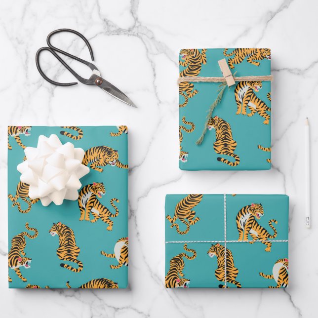 Tiger auf Aquamarinem Muster Geschenkpapier Set (Vorderseite)