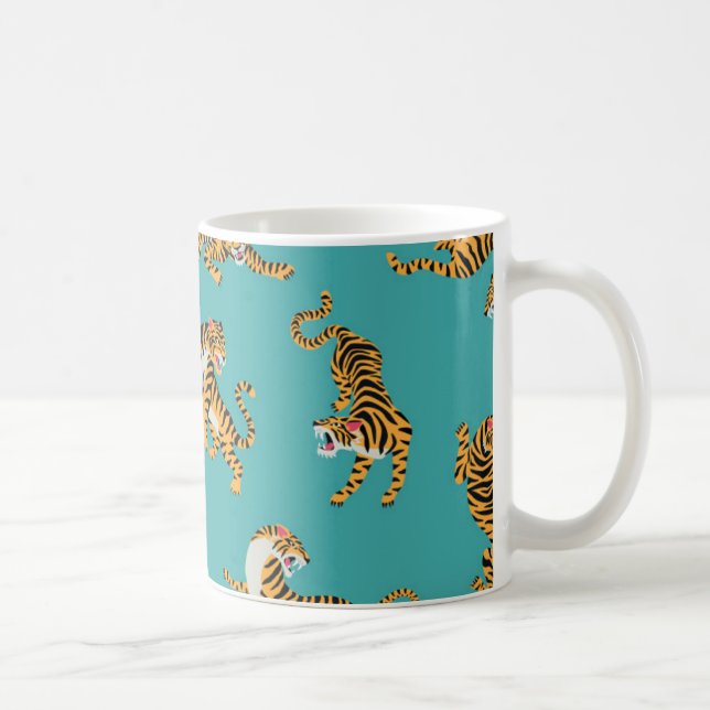 Tiger auf Aquamarinem Muster Kaffeetasse (Rechts)