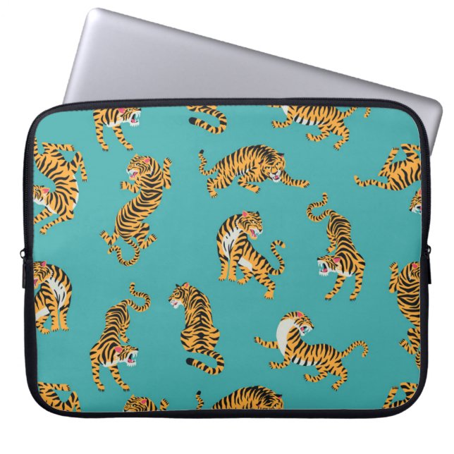 Tiger auf Aquamarinem Muster Laptopschutzhülle (Vorderseite)