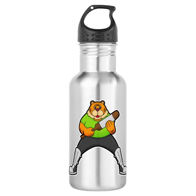 Tiger auf Cricket mit Cricket-Schläger Edelstahlflasche (Vorderseite)