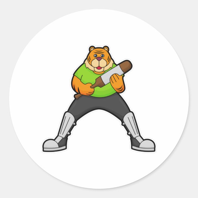 Tiger auf Cricket mit Cricket-Schläger Runder Aufkleber (Vorderseite)