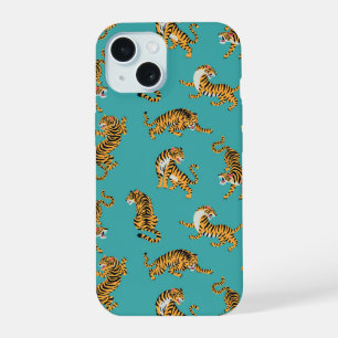 Tiger auf Türkis-Muster iPhone 15 Hülle