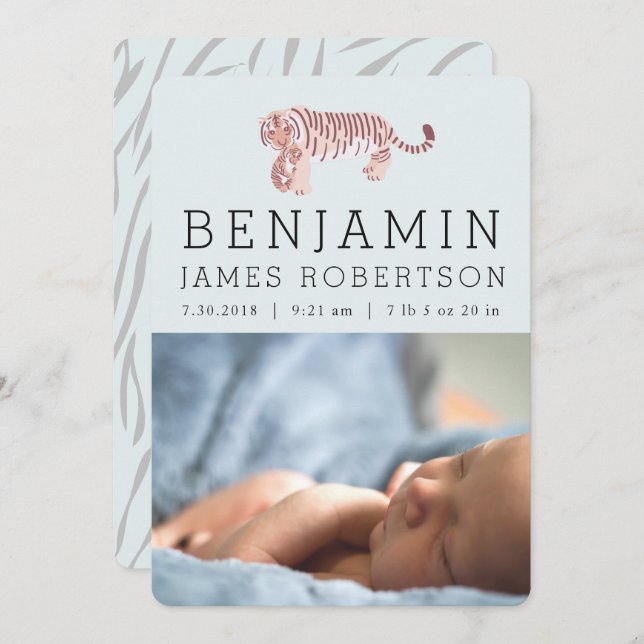 Tiger Baby Boy Blue Birth Announcement Card Einladung (Vorne/Hinten)