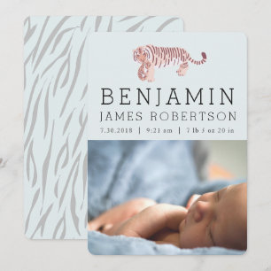 Tiger Baby Boy Blue Birth Announcement Card Einladung