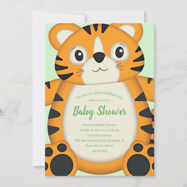 Tiger Baby Dusche Grün Einladung (Vorderseite)