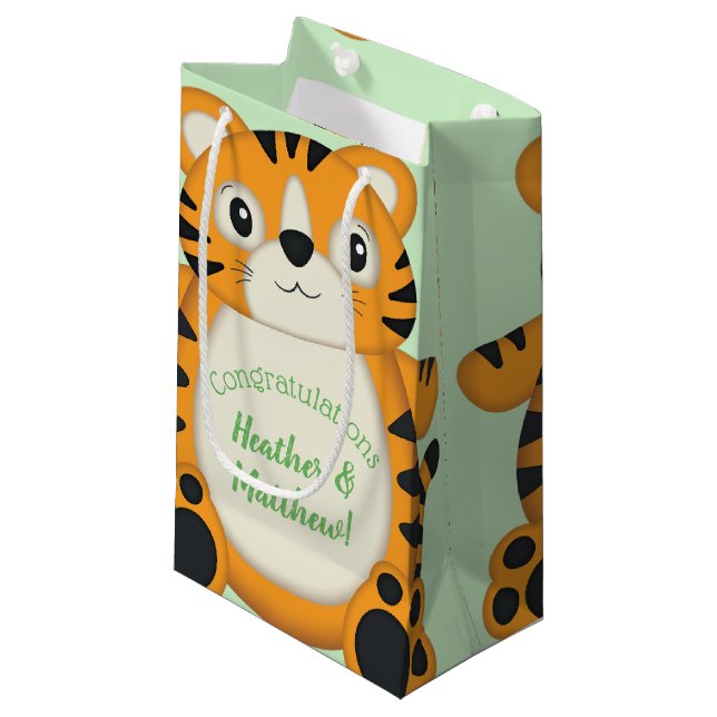 Tiger Baby Dusche Grün Kleine Geschenktüte (Vorderseite Schrägansicht)