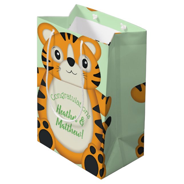 Tiger Baby Dusche Grün Mittlere Geschenktüte (Rückseite Schrägansicht)
