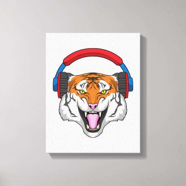 Tiger bei Musik mit Headphone Leinwanddruck (Vorderseite)